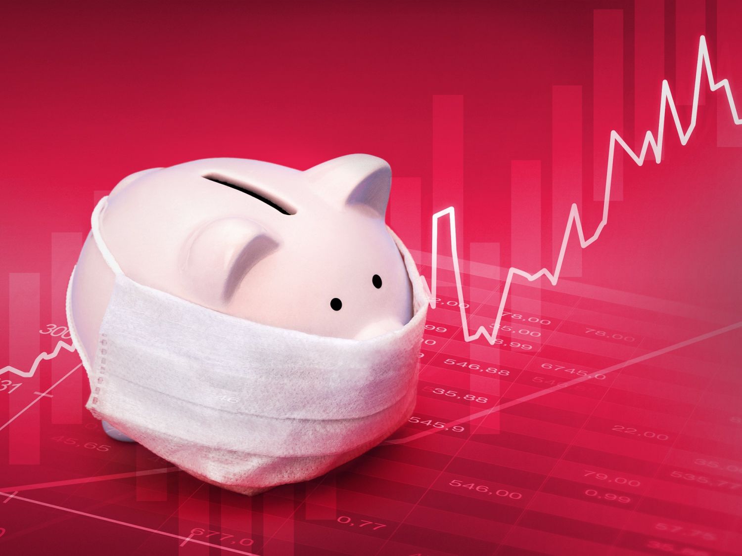 Ein Sparschwein mit Mundschutz; im Hintergrund ein steigender Aktienkurs.